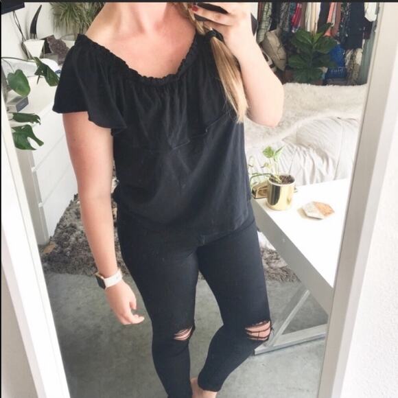 NEW REVOLVE Current/Elliott Black Ruffle Off Shoulder Top Blouse Shirt Cotton L - Picture 5 of 9